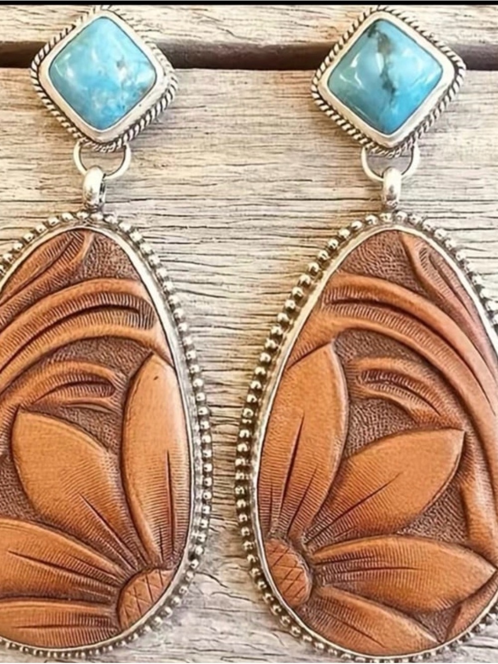 Handcrafted Brown Leather & Turquoise Teardrop Earrings